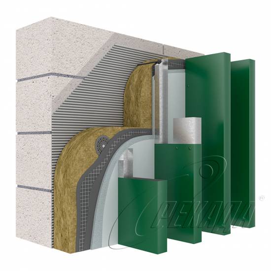 Фасадные системы - Подсистема оцинкованная С ламелями фасадными Шпилька/саморез Скрытый способ Горизонтально-вертикальная подконструкция